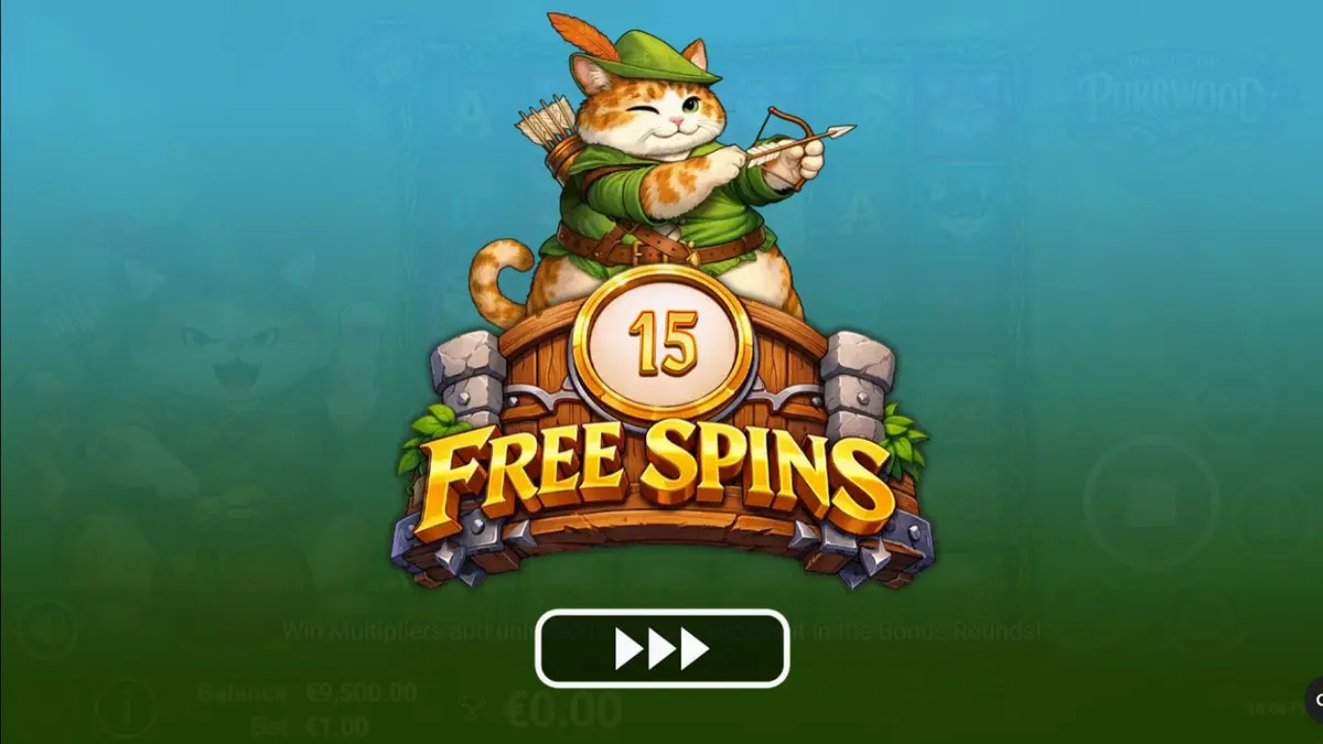 Karakter kucing ksatria dalam latar belakang hutan ajaib slot Prince of Purrwood