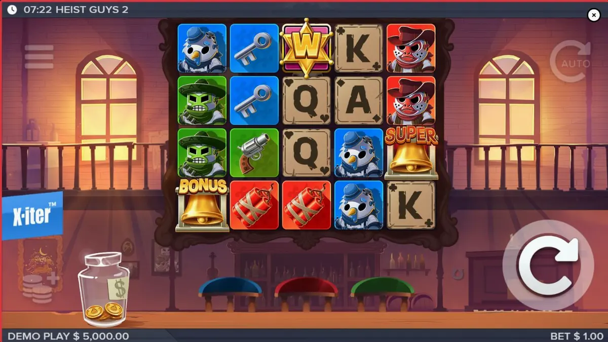 Tampilan visual slot Heist Guys 2 dengan latar belakang Wild West dan karakter perampok